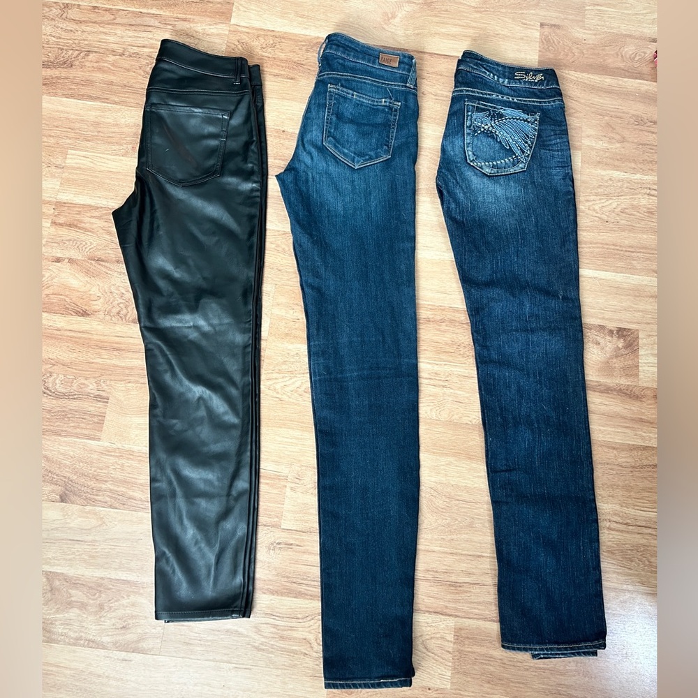 3 Pairs Paige Denim Jean Silver Jeans and Express Faux Leather Pants